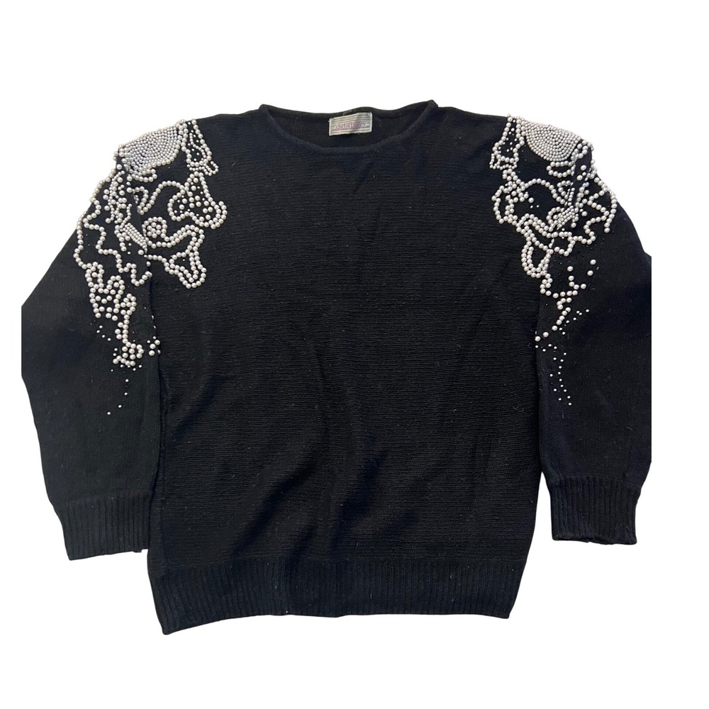 Gladys Bagley Vintage Black‎ Knit Sweater Pearl Embellish 80s Glam Pullover